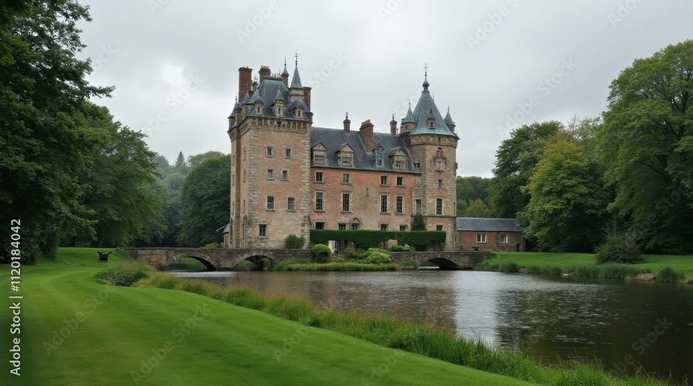 Obraz premium Historic Castle in Lush Green Landscape with Moat