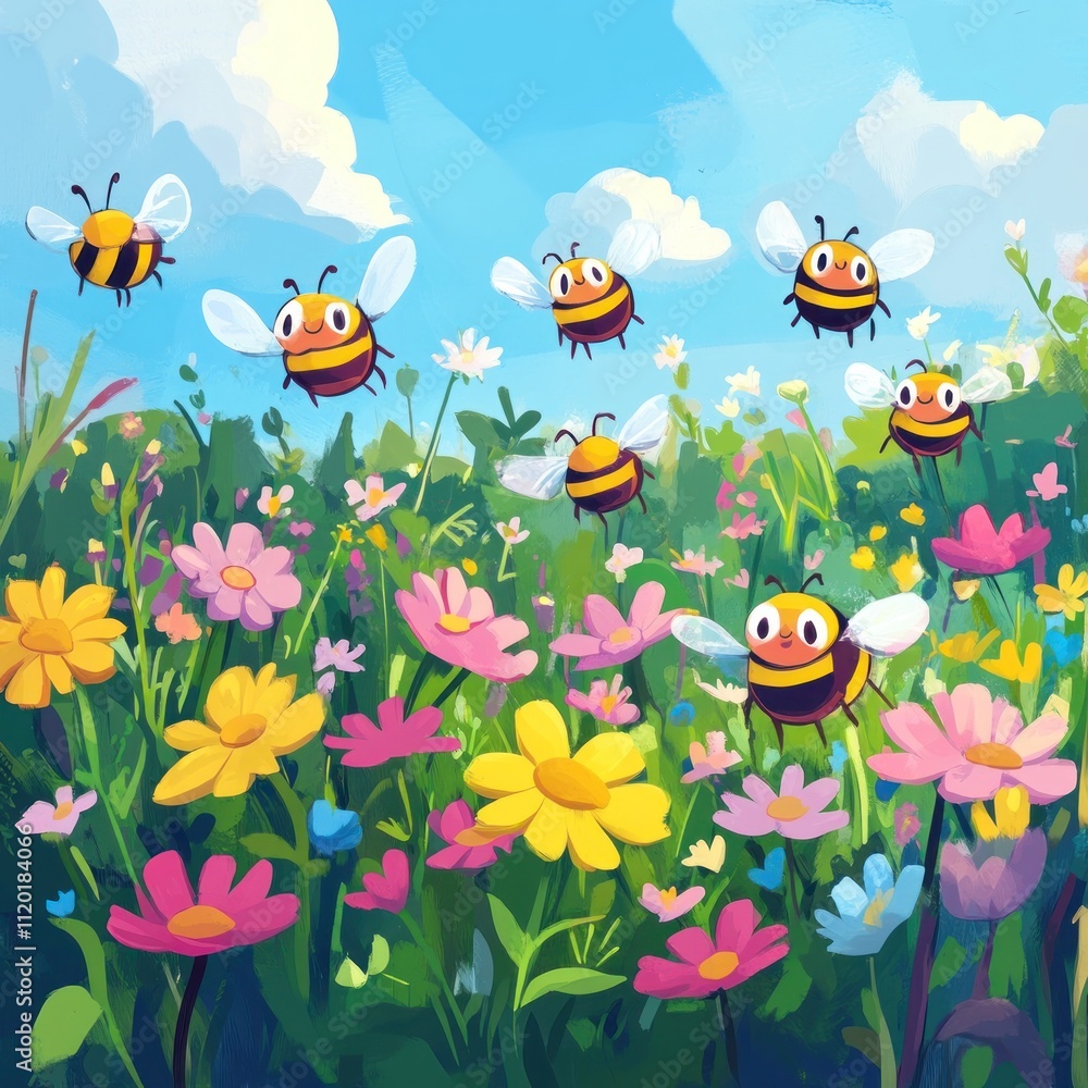 Obraz premium Happy Bees Flying Over A Colorful Flower Field