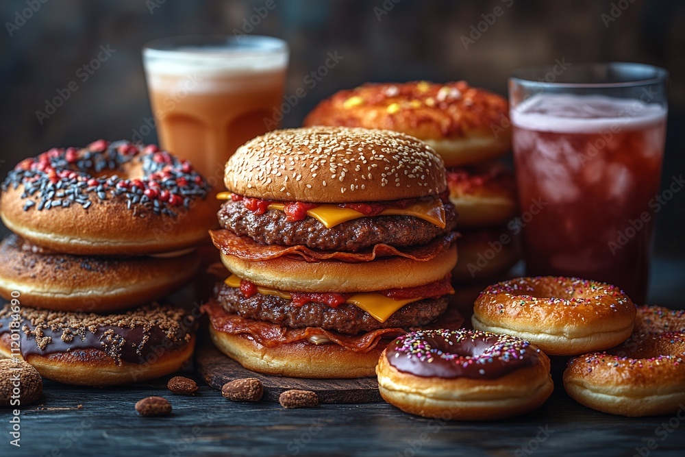 Double cheeseburger and assorted donuts, a tempting combination of sweet and savory treats. Double cheeseburger and assorted donuts, a tempting combination of sweet and savory treats.