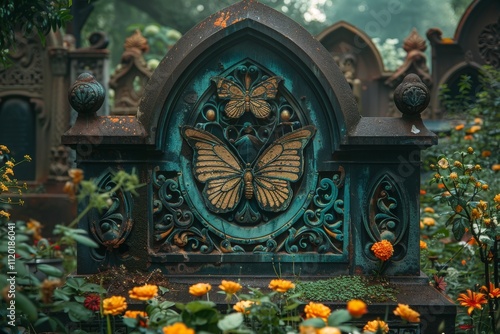 Ornate Gravestone with Butterfly Relief Surrounded by Colorful Flowers in a Misty Cemetery Setting, Symbolizing Life and Transformation photo