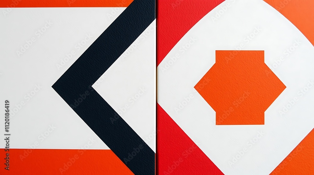 Abstract Geometric Diptych: Bold Orange and Black Shapes on White Background Abstract Geometric Diptych: Bold Orange and Black Shapes on White Background