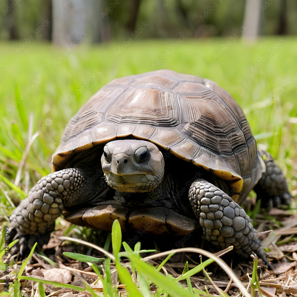 Closeup shot of a gopher tortoise on the grassy ground near a tree Closeup shot of a gopher tortoise on the grassy ground near a tree