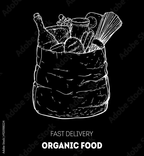 Paper shopping bag products grocery hand drawn sketch illustration. Grocery delivery concept. Organic food vector illustration. Grocery shopping. Grocery supermarket.