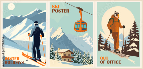 Set of Ski Travel Posters in retro style. Winter holidays, active lifestyle concept. Vintage vector colorful illustrations.