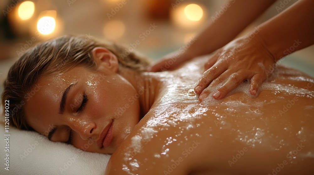 A woman experiences a calming massage at a wellness center, surrounded by soft lighting and soothing ambiance. The therapist gently applies oil to her back. A woman experiences a calming massage at a wellness center, surrounded by soft lighting and soothing ambiance. The therapist gently applies oil to her back.