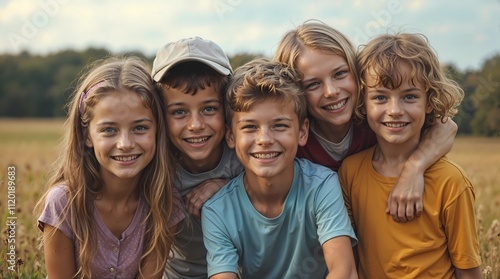 Portrait of children from different cultures enjoying with friends in the countryside together.