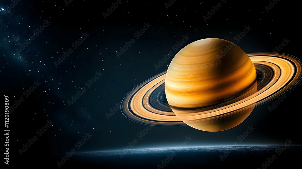 3D rendering of the planet Saturn with its ring system. The rings and the planet itself have a golden yellow color, which is illuminated by sunlight. In front, there's a glowing halo around Saturn. Th 3D rendering of the planet Saturn with its ring system. The rings and the planet itself have a golden yellow color, which is illuminated by sunlight. In front, there's a glowing halo around Saturn. Th