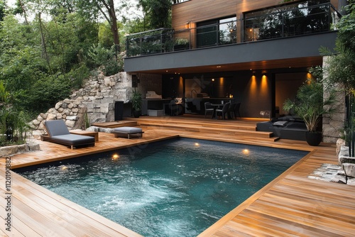 Wallpaper Mural Modern house with swimming pool and wooden deck, featuring a hot tub Torontodigital.ca