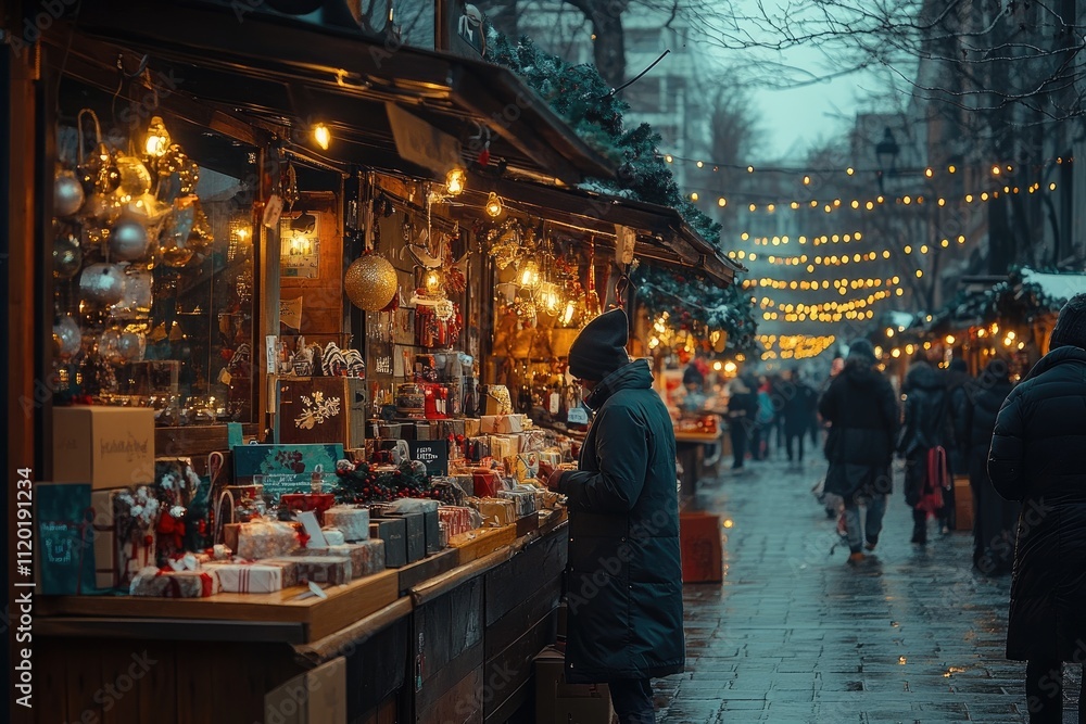 Fototapeta premium Woman buying christmas presents at a stall in a christmas market with lights and people walking