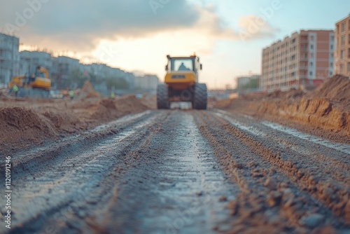 Road roller flattening ground at construction site during sunset photo