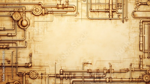 Vintage gold pipes frame on grunge background.
