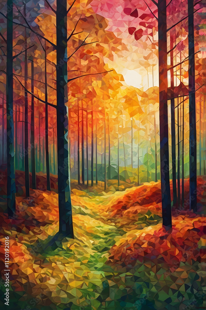 Fototapeta premium abstract nature-inspired scenery with warm and cool tones in a sunrise forest with a focus on vibrant warm tones