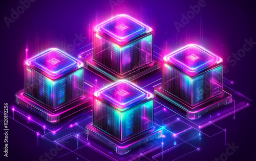 Futuristic glowing computer chips on a neon circuit board in a digital landscape photo