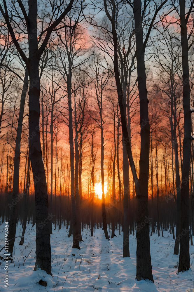 abstract nature-inspired scenery with warm and cool tones in a sunrise forest illustrating harmony between geometry and nature abstract nature-inspired scenery with warm and cool tones in a sunrise forest illustrating harmony between geometry and nature