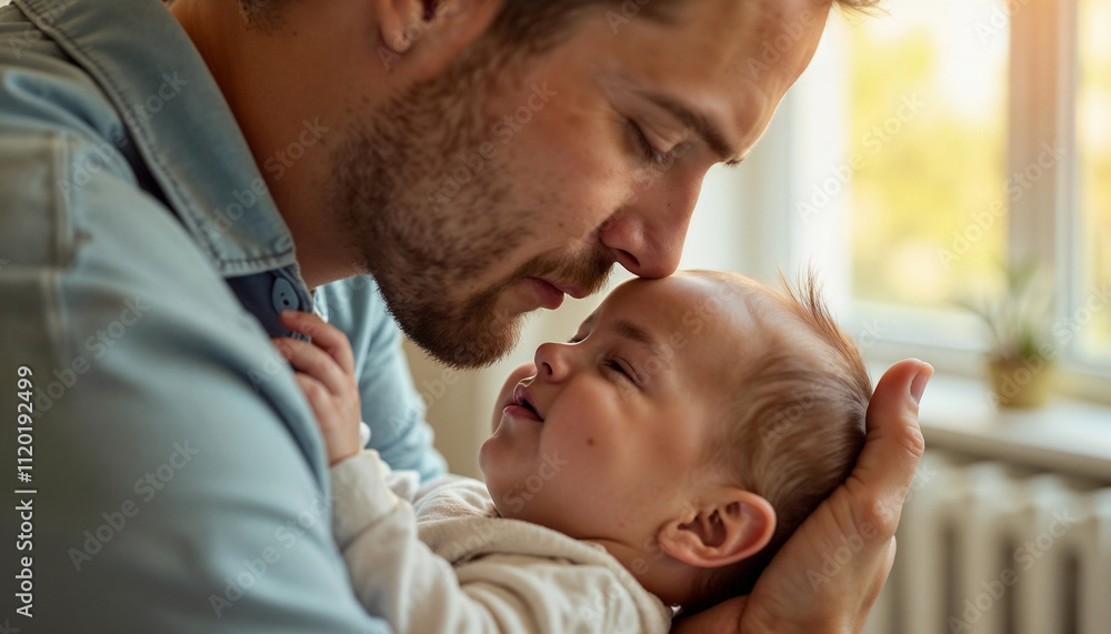 Father kissing newborn baby near window, kiss on forehead, father's day Father kissing newborn baby near window, kiss on forehead, father's day