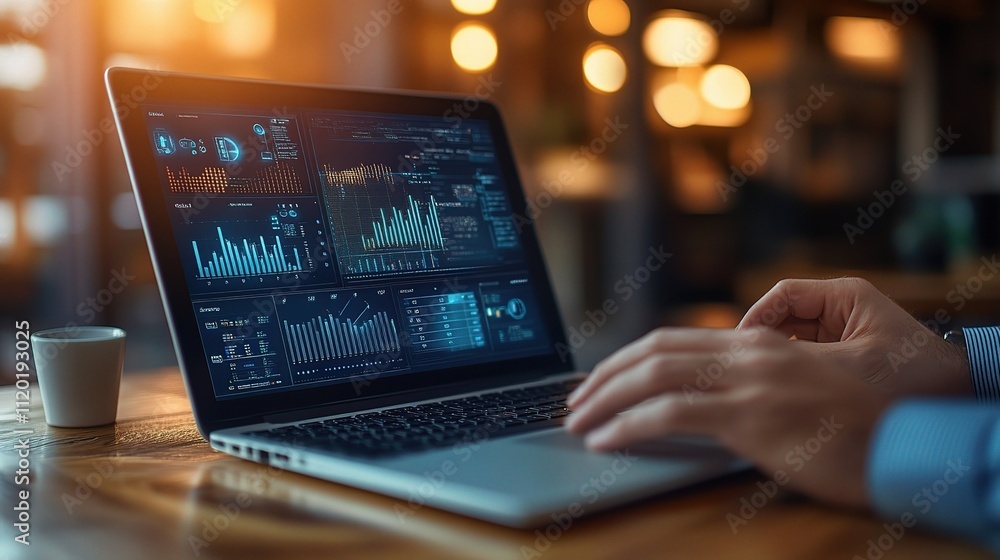 Professional Male Using Laptop in Cafe for Data Analysis and Insight Professional Male Using Laptop in Cafe for Data Analysis and Insight