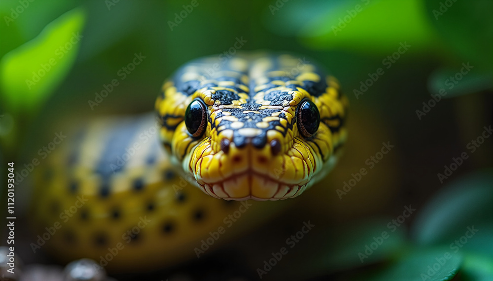 Close-up of a yellow anaconda in a jungle, year symbol, wildlife photography Close-up of a yellow anaconda in a jungle, year symbol, wildlife photography