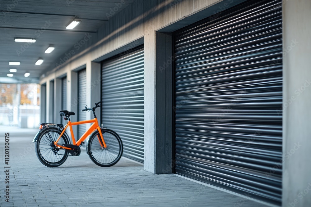 Orange bicycle parked in front of garage doors in modern residential building Orange bicycle parked in front of garage doors in modern residential building