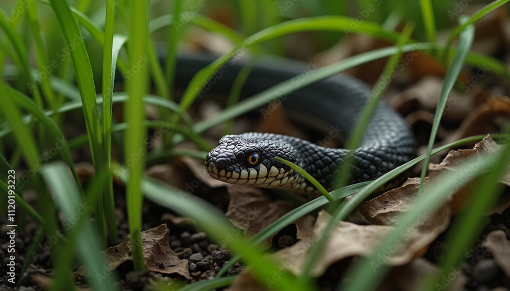 Fototapeta premium Snake slithering through grass in a forest, year symbol, wildlife photography