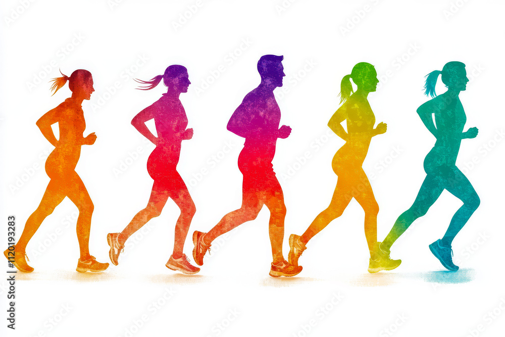 Colorful silhouettes of runners in motion during a sunny day in a park Colorful silhouettes of runners in motion during a sunny day in a park