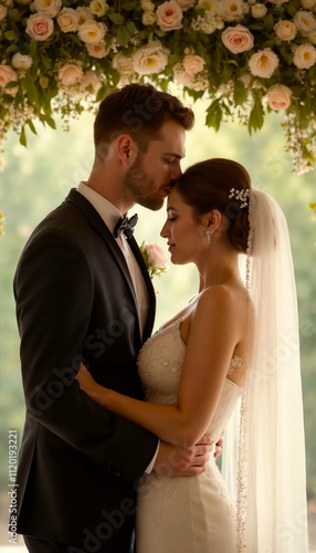 Bride and groom embracing under a floral arch, wedding day,  kiss on forehead
