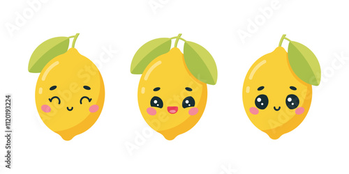 Set of cute kawaii lemons with leaves. Vector illustration on white background.