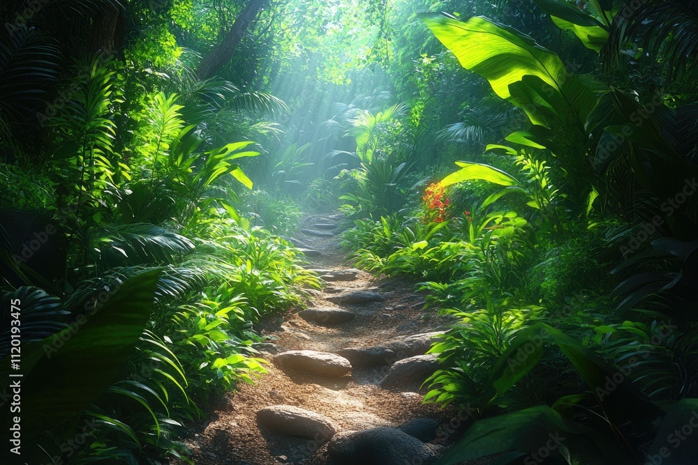 Fototapeta premium Sunbeams lighting lush tropical jungle path