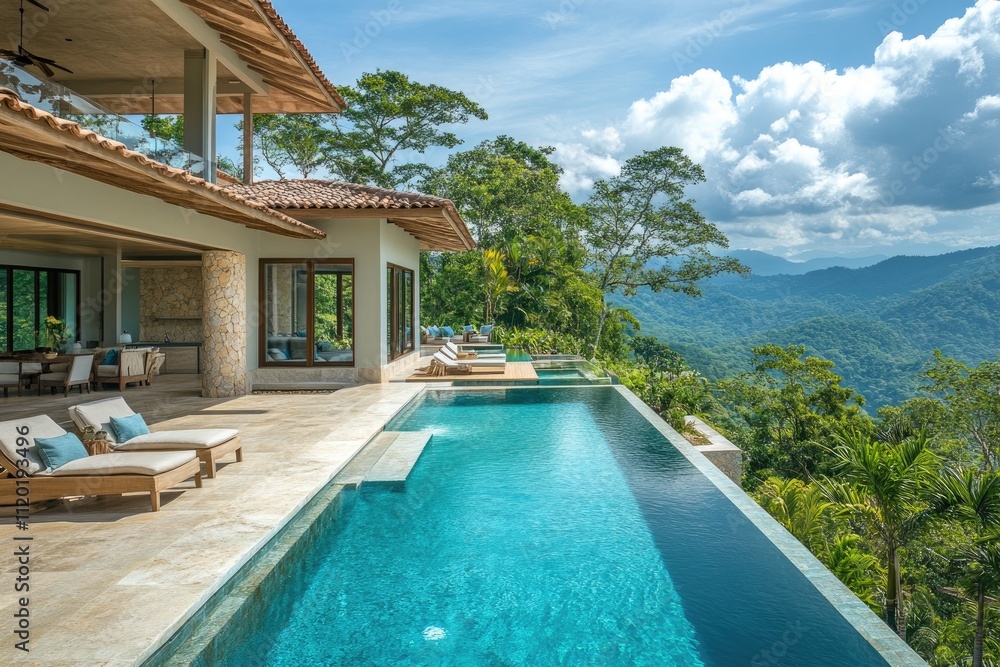 Fototapeta premium Luxurious infinity pool overlooking tropical rainforest mountains in modern villa