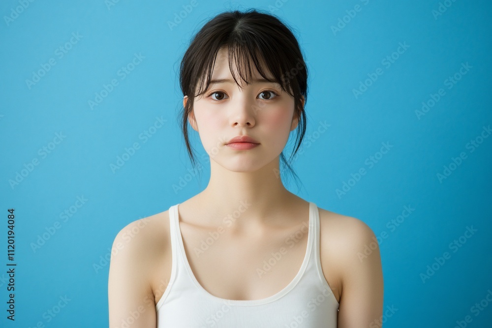 A young woman poses against a blue background, showcasing a neutral expression. A young woman poses against a blue background, showcasing a neutral expression.