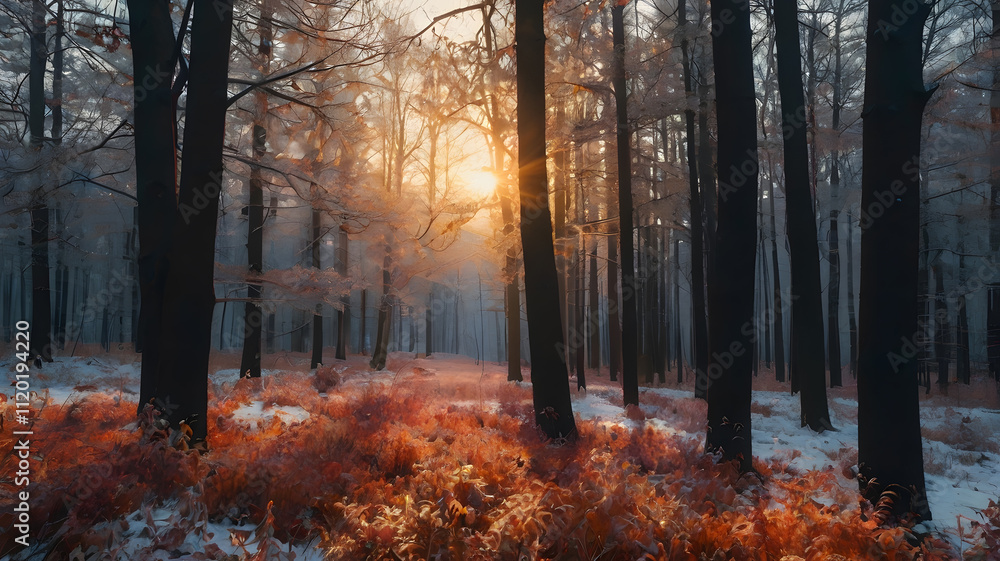 Obraz premium dynamic composition of a forest at sunrise with creative geometric overlays for creative digital art enthusiasts