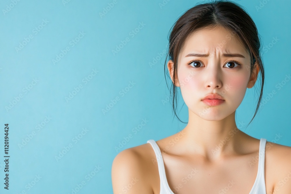 A young woman with a concerned expression against a blue background. A young woman with a concerned expression against a blue background.