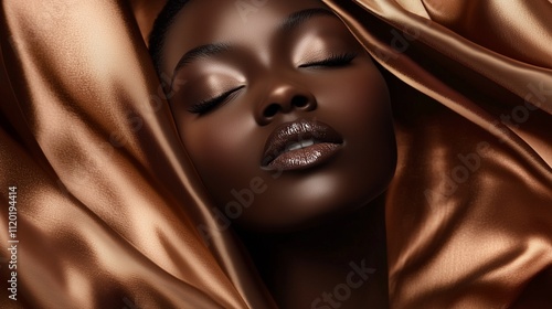 African American model with glowing skin. Her hair is in a silk brown fabric, flowing around her face