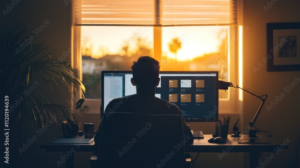 Fototapeta premium Man working from home at sunset, silhouetted against a window.