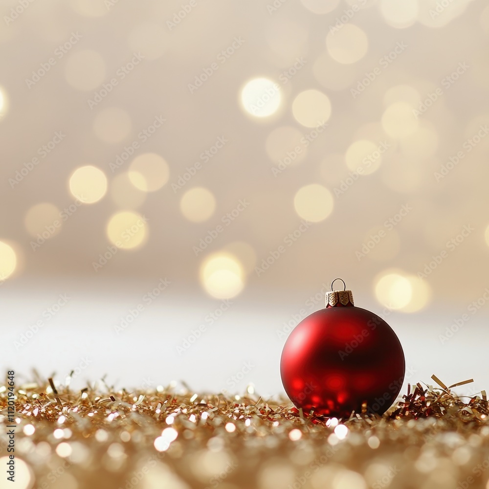 A festive red Christmas ornament rests on golden tinsel, surrounded by soft glittering lights, evoking a warm holiday spirit. A festive red Christmas ornament rests on golden tinsel, surrounded by soft glittering lights, evoking a warm holiday spirit.