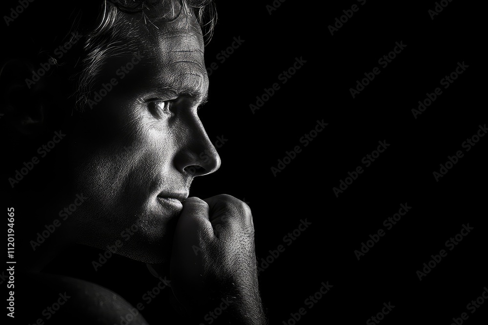 Pensive man holding hand to chin in black and white profile portrait Pensive man holding hand to chin in black and white profile portrait