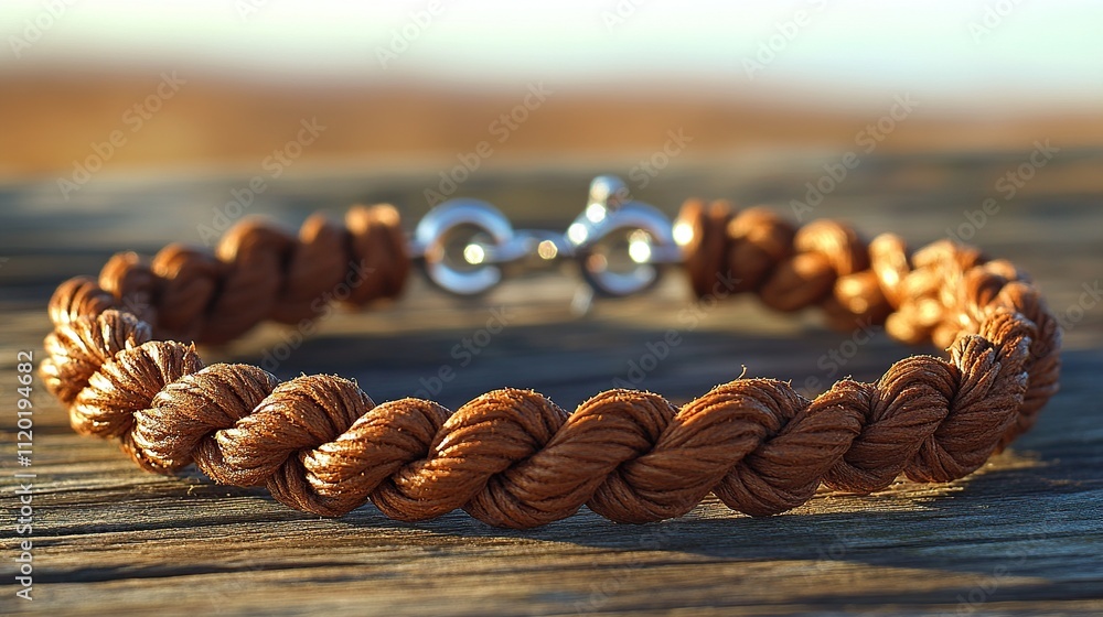 Obraz premium A brown braided leather bracelet rests on a wooden surface.