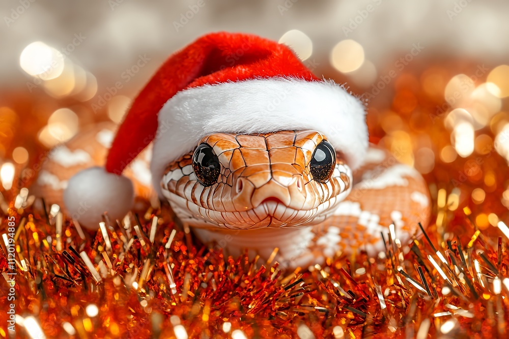 Festive Snake Wearing a Santa Hat Surrounded by Shiny Tinsel During the Holiday Season Festive Snake Wearing a Santa Hat Surrounded by Shiny Tinsel During the Holiday Season