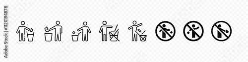 Round sign prohibiting littering. Keep clean icon, Trash icon. Rubbish icon. Allowed Throw Rubbish, Waste, Garbage Only in Bin Sign. Do not litter sign. Pictogram of man, throwing garbage in bin