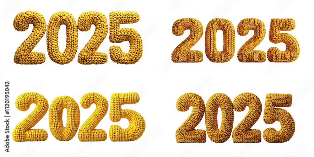 different yellow knitted numbers 2025 on white background different yellow knitted numbers 2025 on white background