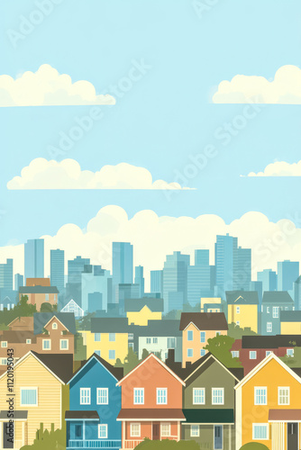 Colorful houses in foreground with a modern skyline in the background on a clear day