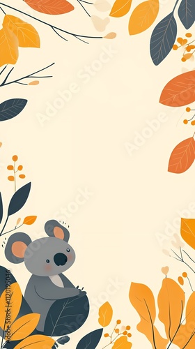 Cute Koala Character Surrounded by Autumn Leaves in a Whimsical Nature Design Suitable for Decorations or Stationery