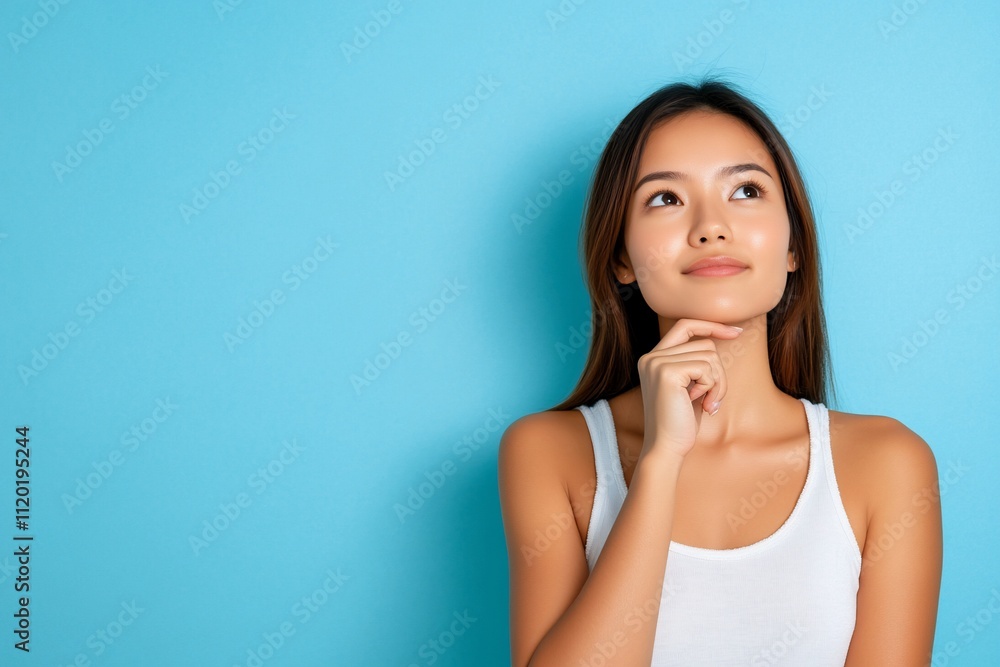 A thoughtful young woman pondering against a blue background. A thoughtful young woman pondering against a blue background.