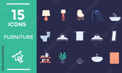 Furniture vector illustration set. Flat Style furnishings design with sofa armchair, lamp, table, house plants. Designer trendy items for home apartment or office interior decor isolated on white