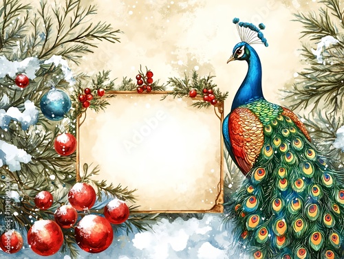 Colorful Peacock Standing Among Snow-Covered Pine Branches With Festive Decorations During Winter Season photo