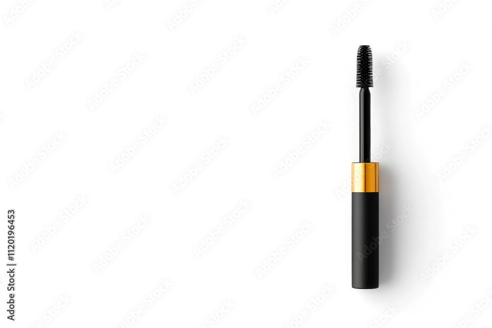 A sleek black mascara tube with a golden accent, featuring a spiral brush for enhancing eyelashes. A sleek black mascara tube with a golden accent, featuring a spiral brush for enhancing eyelashes.