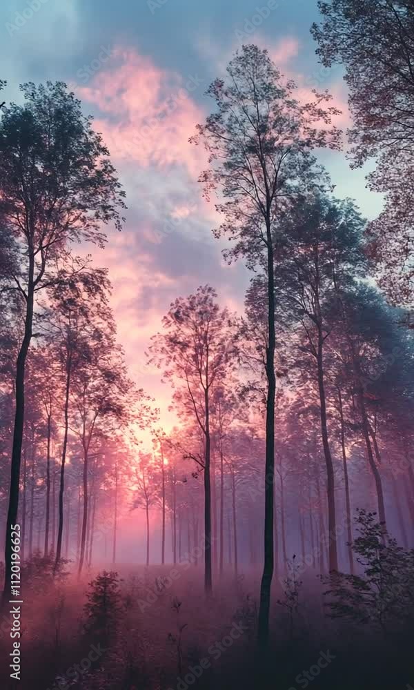 Serene forest at dawn with mist and soft pink hues. Serene forest at dawn with mist and soft pink hues.