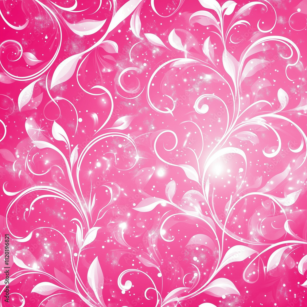 White floral swirls on bright pink glowing background White floral swirls on bright pink glowing background
