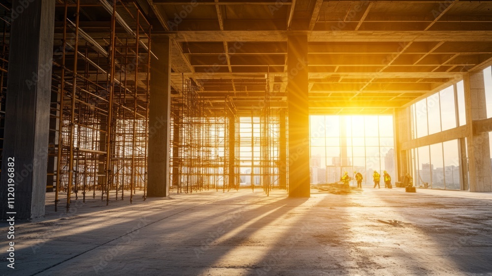 Obraz premium Sunlit interior of a building under construction, showing scaffolding, concrete structure, and workers.