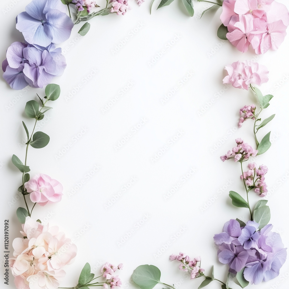 Floral frame with pastel hydrangeas and greenery on white Floral frame with pastel hydrangeas and greenery on white
