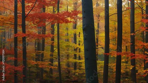 abstract natural landscape with geometric patterns and vibrant sunset colors featuring innovative textures and contemporary styles